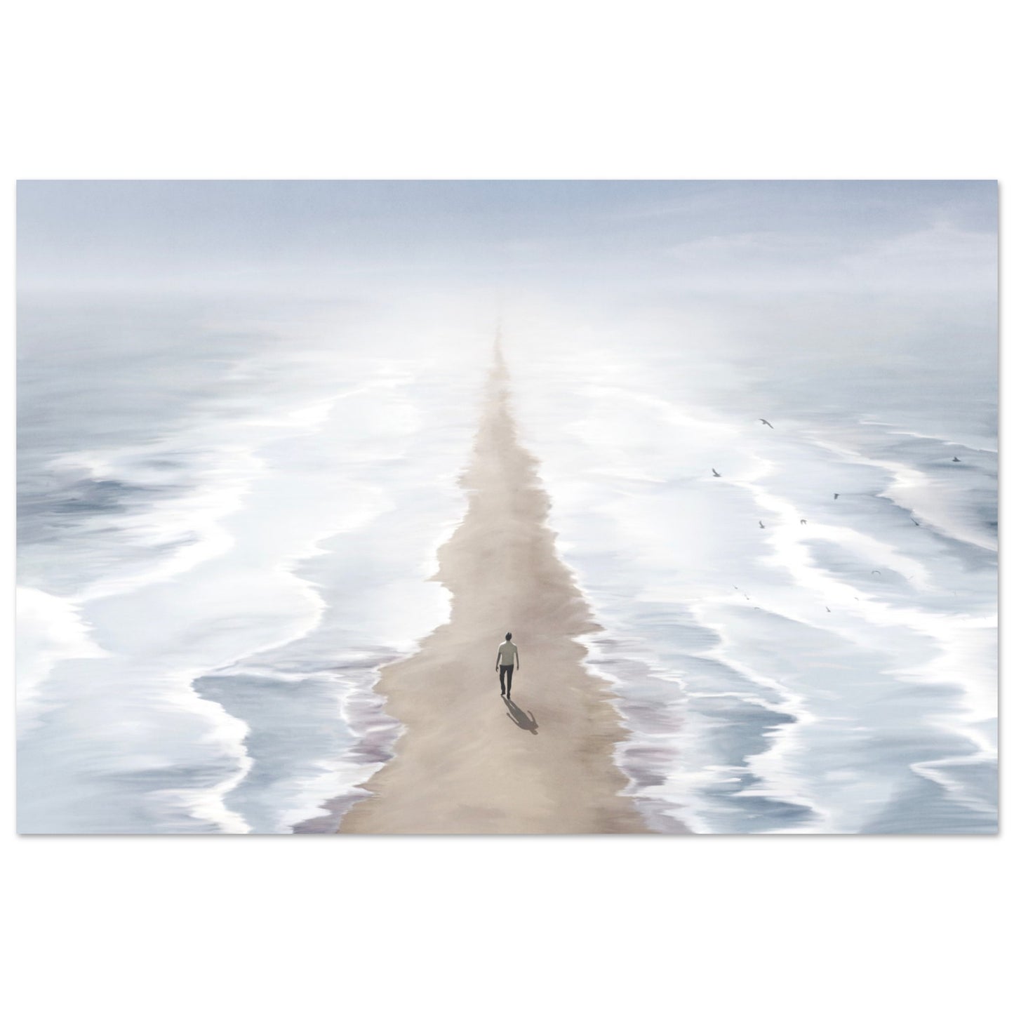 Surreal poster: 'Seas of Imagination' - Two seas, sandy beach, and man walking between two seas