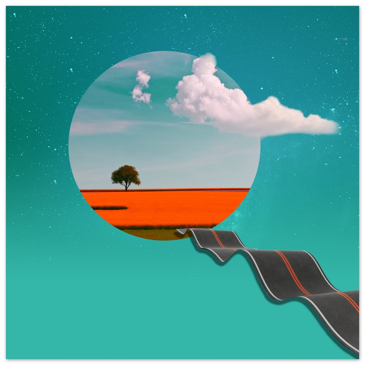 Surreal poster: 'Highway to Otherworld' - Bubble, orange land, and mysterious highway