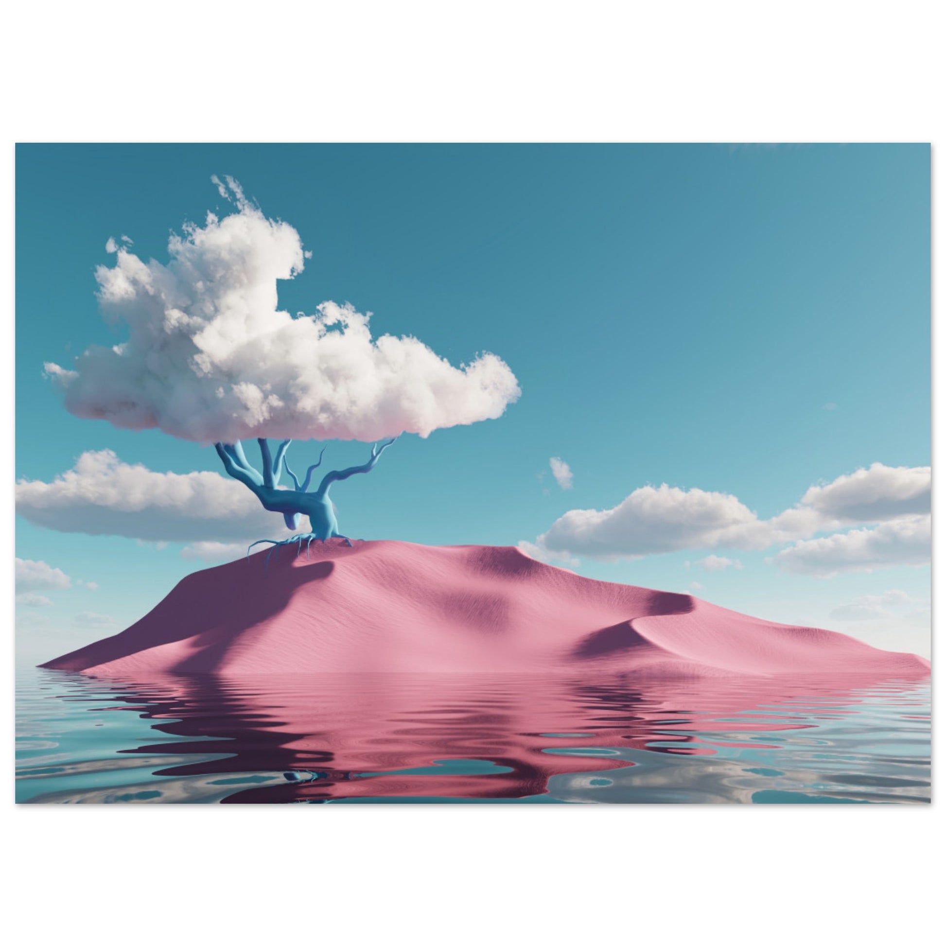 Surreal art: Shiny water, pink hill, and cloud-tree in 'Pink Oasis Fantasy`